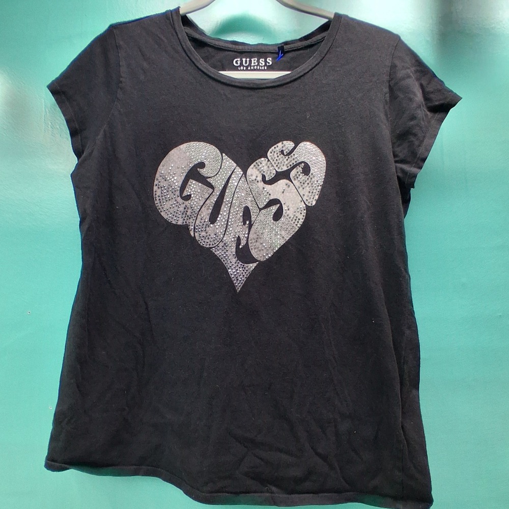 Guess T-Shirt XL Black Rhinestone Heart Logo Y2K Glam Studded Tee